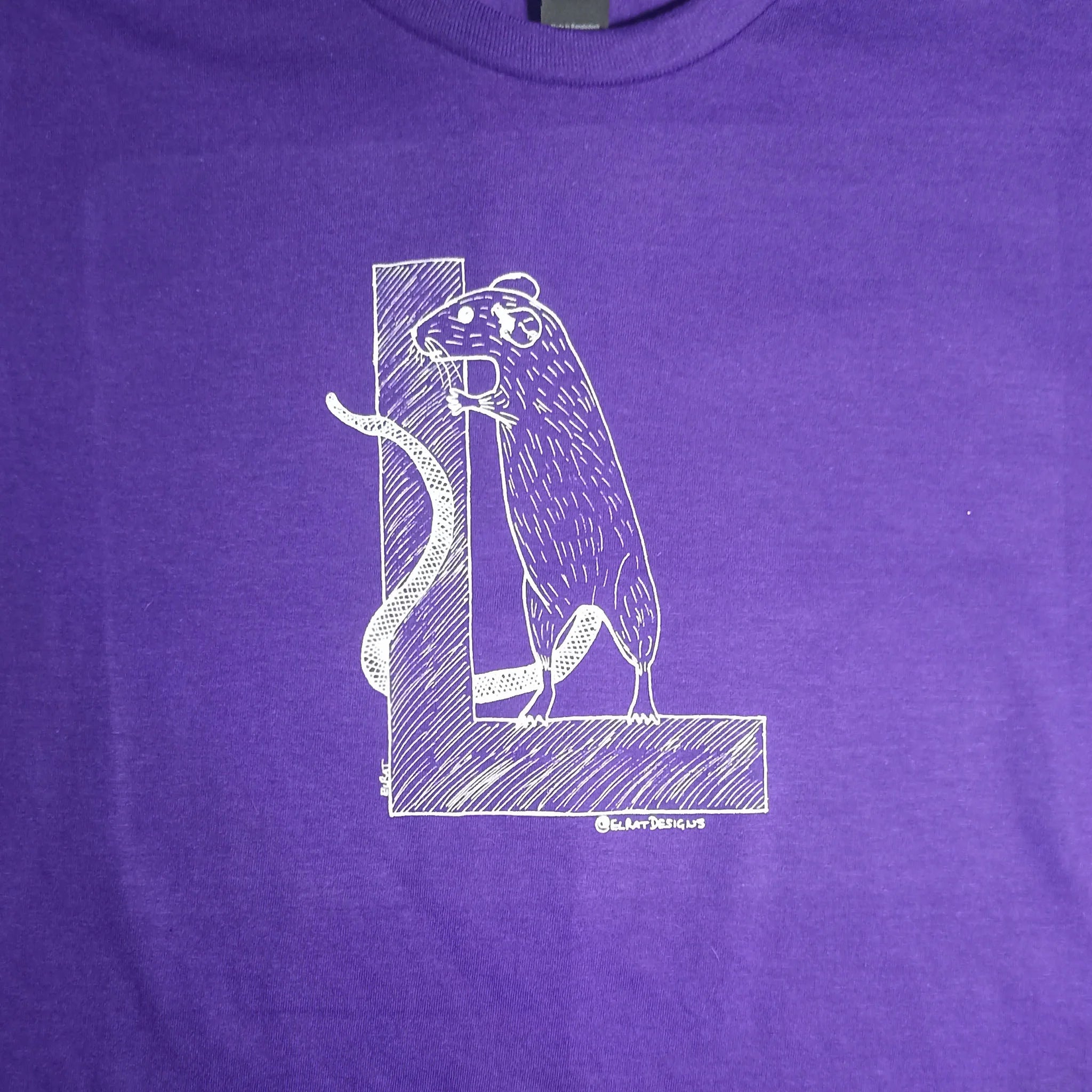 ElRat Designs logo in white on a black gildan t-shirt