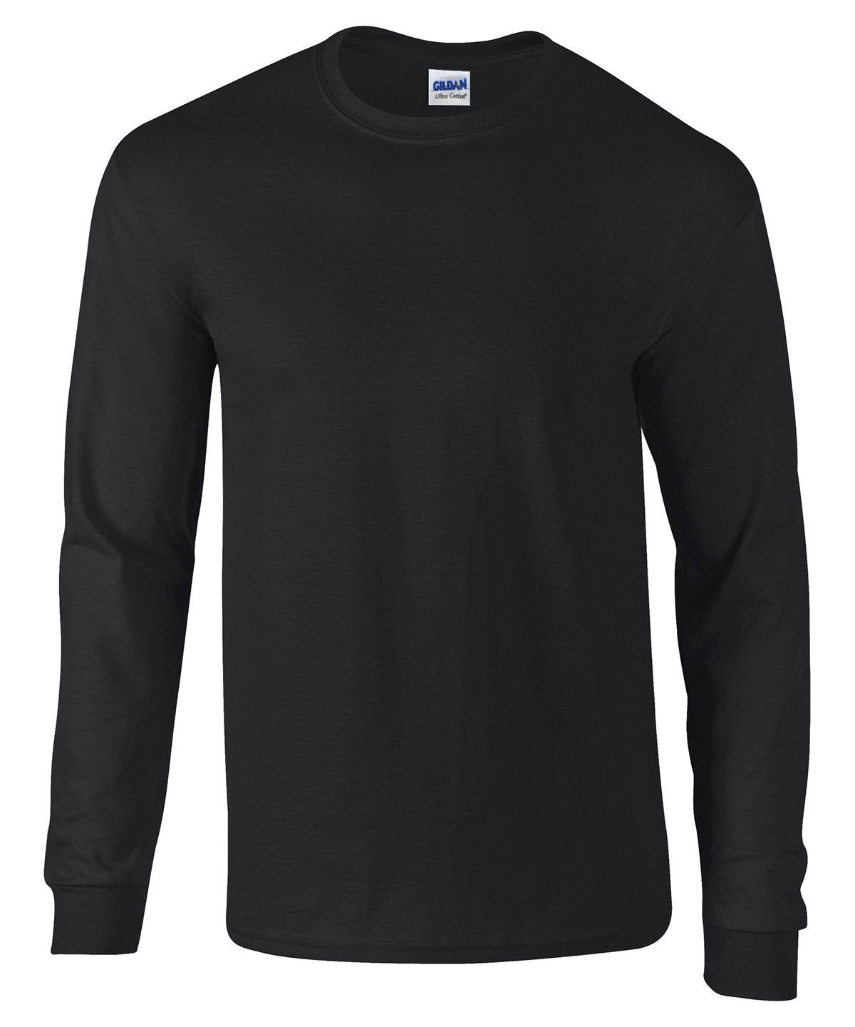 Blank Gildan Ultra Cotton black long sleeve T-shirt, made from 100% cotton, offering a durable and comfortable fit for custom prints. (gd014_black_ft)