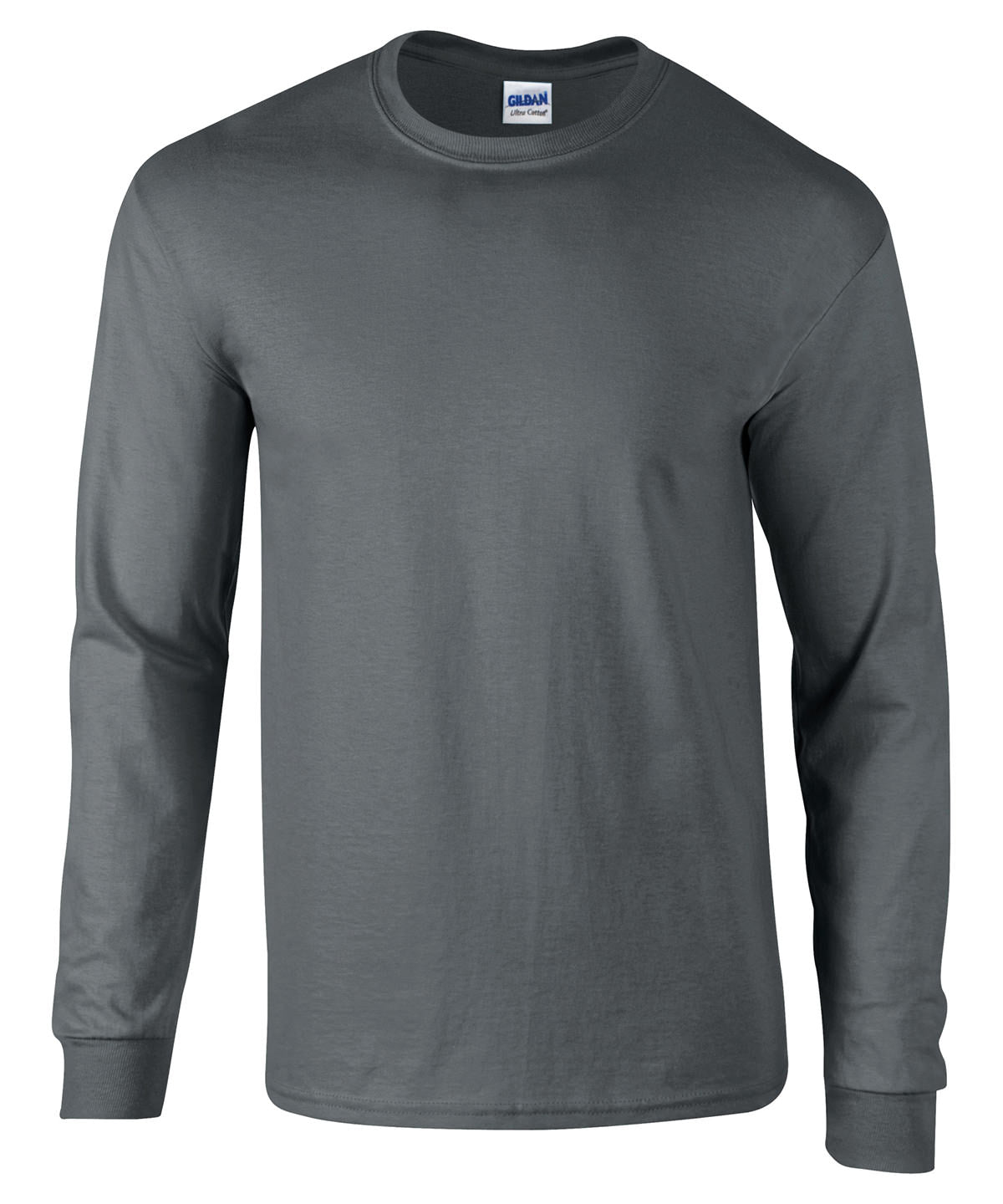 Blank Gildan Ultra Cotton charcoal long sleeve T-shirt, made from 100% cotton, offering a durable and comfortable fit for custom prints. (gd014_charcoal_ft)