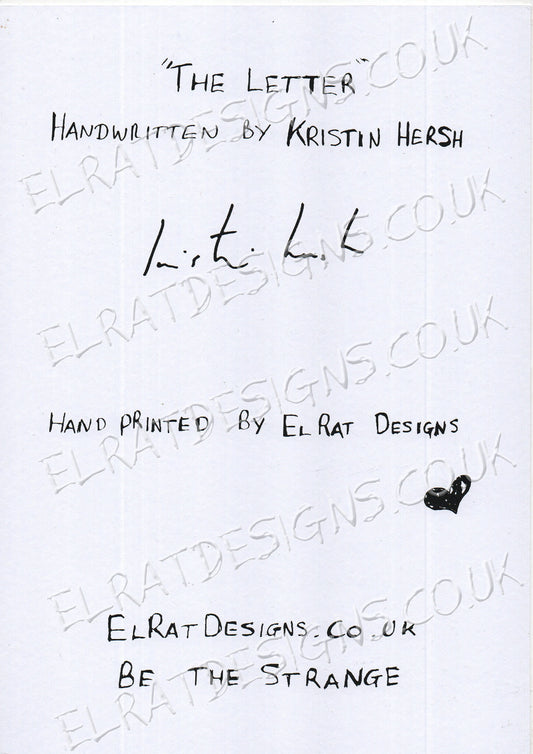 Kristin Hersh "The Letter" Screen Print of the Complete handwritten lyrics White