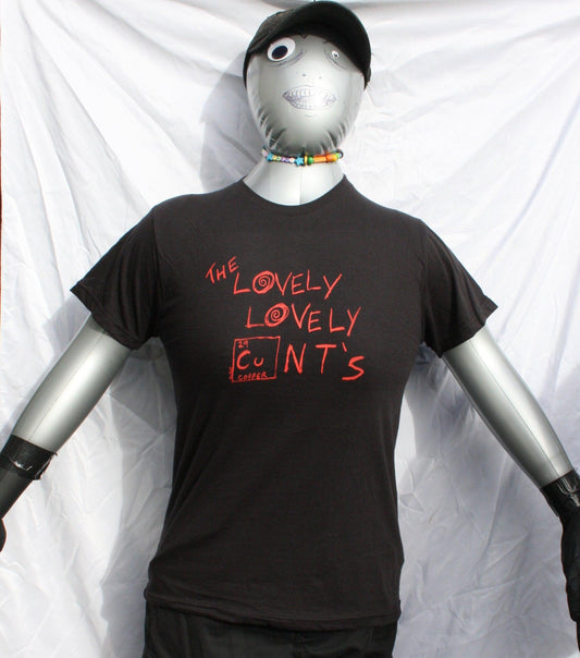 "Front view of 'The Lovely Lovely C*nts' black t-shirt by ElRat Designs, featuring bold red screen-printed text, made in memory of a friend, supporting the 'Empty the Tanks' cause.