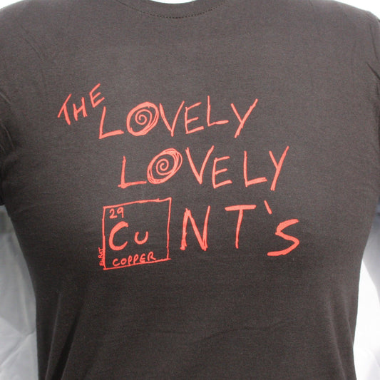 Close-up of 'The Lovely Lovely C*nts' red screen print on a black shirt, showcasing handcrafted, edgy design with bold lettering by ElRat Designs.