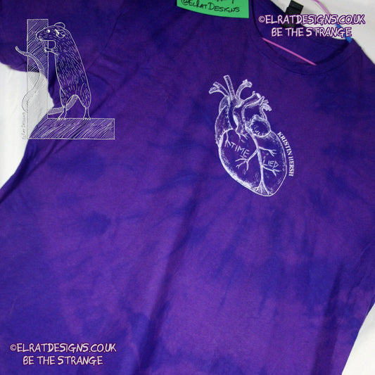 Misprint, Kristin Hersh, 'Time Lied' anatomical heart - ONE OFF Purple Tie-Dye cotton T-Shirt- Large #1 - ElRat Designs - elratdesigns.co.uk