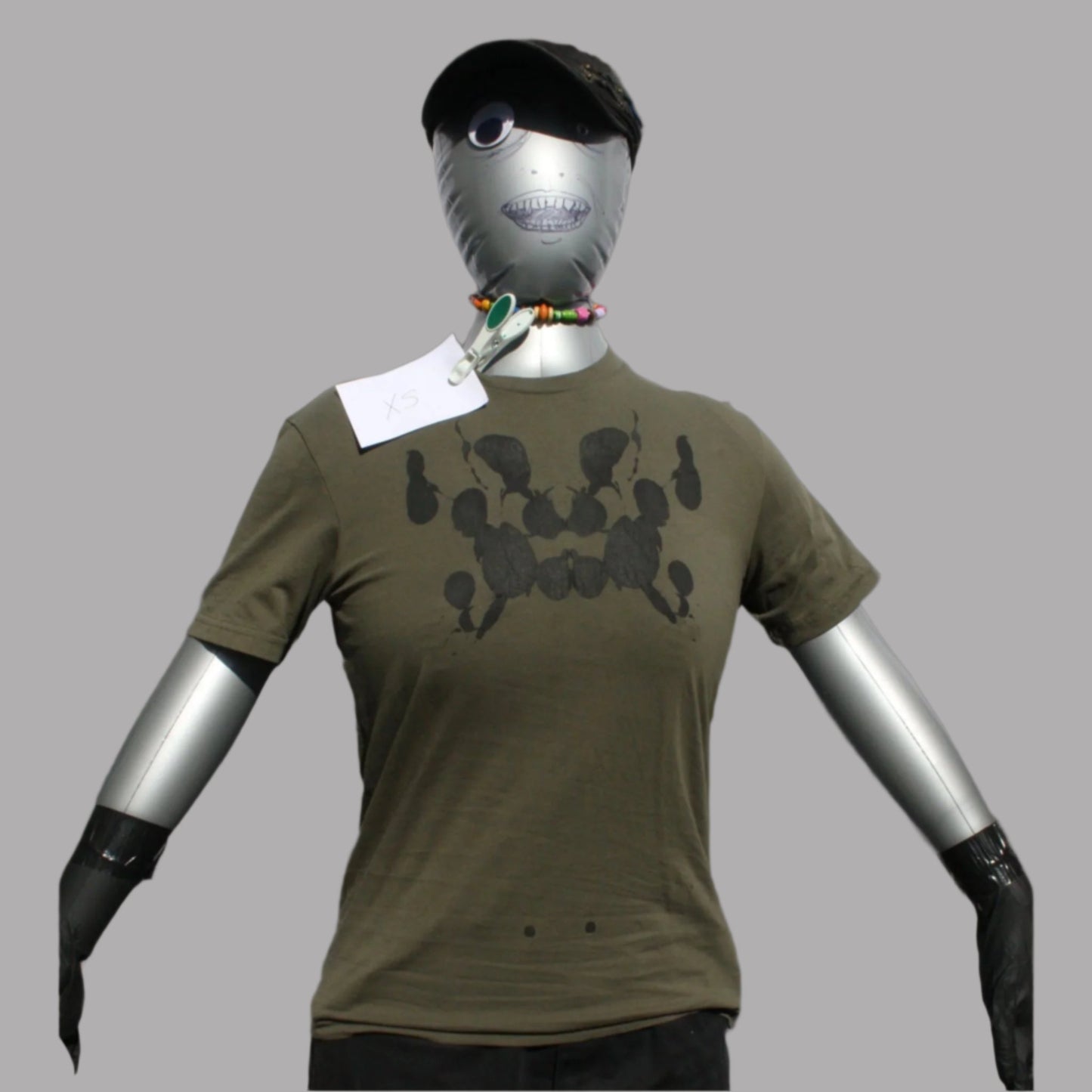 Rorschach, Khaki green cotton T-Shirt with Black ink blot - XS #1 (RKhB B XS1)