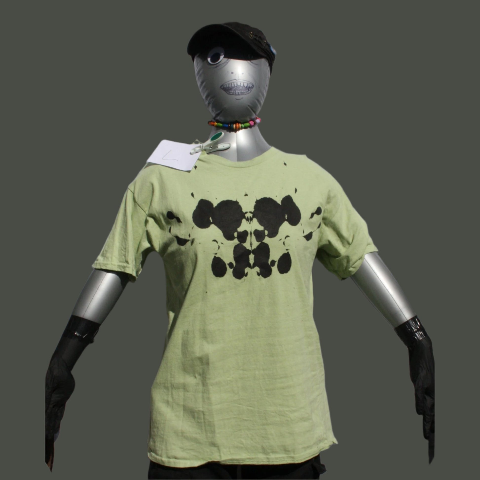Rorschach, Pistachio green cotton T-Shirt with Black ink blot  - L #1 (RPis B L1)