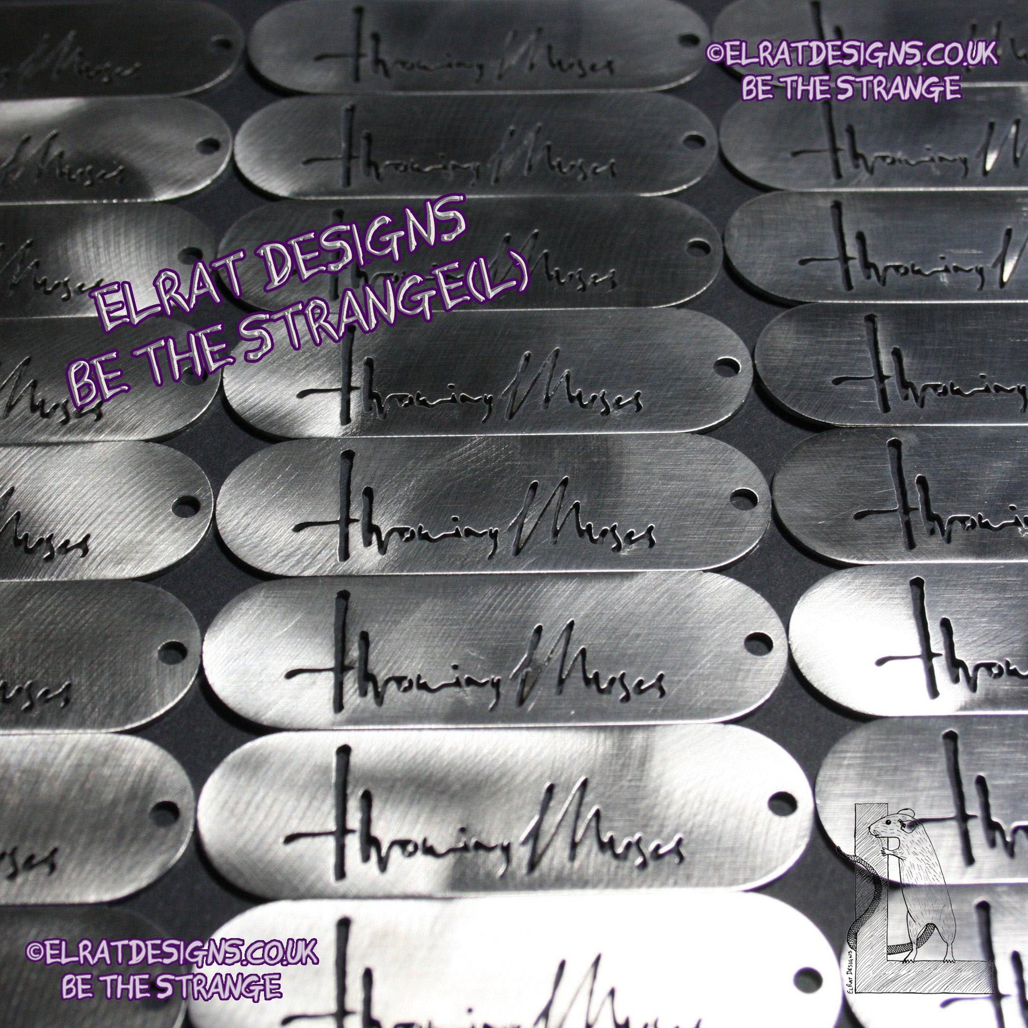 Throwing Muses 1986 logo CNC laser-cut stainless steel keyring, made in the UK from scrap for ElRat Designs - hero - elratdesigns.co.uk