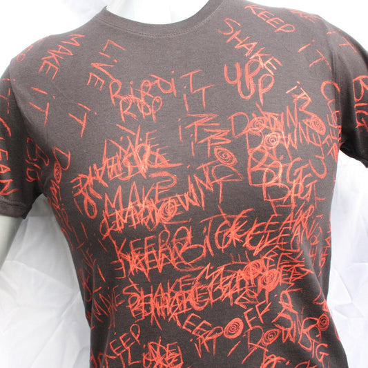 Throwing Muses 'Hook in Her Head' one-of-a-kind messy print t-shirt by ElRat Designs, featuring a hand-printed red graphic on a black shirt.