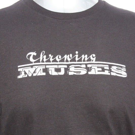 Gildan Softstyle black T-shirt, 100% cotton fabric, with Throwing Muses "University" logo in pearlescent Ink
