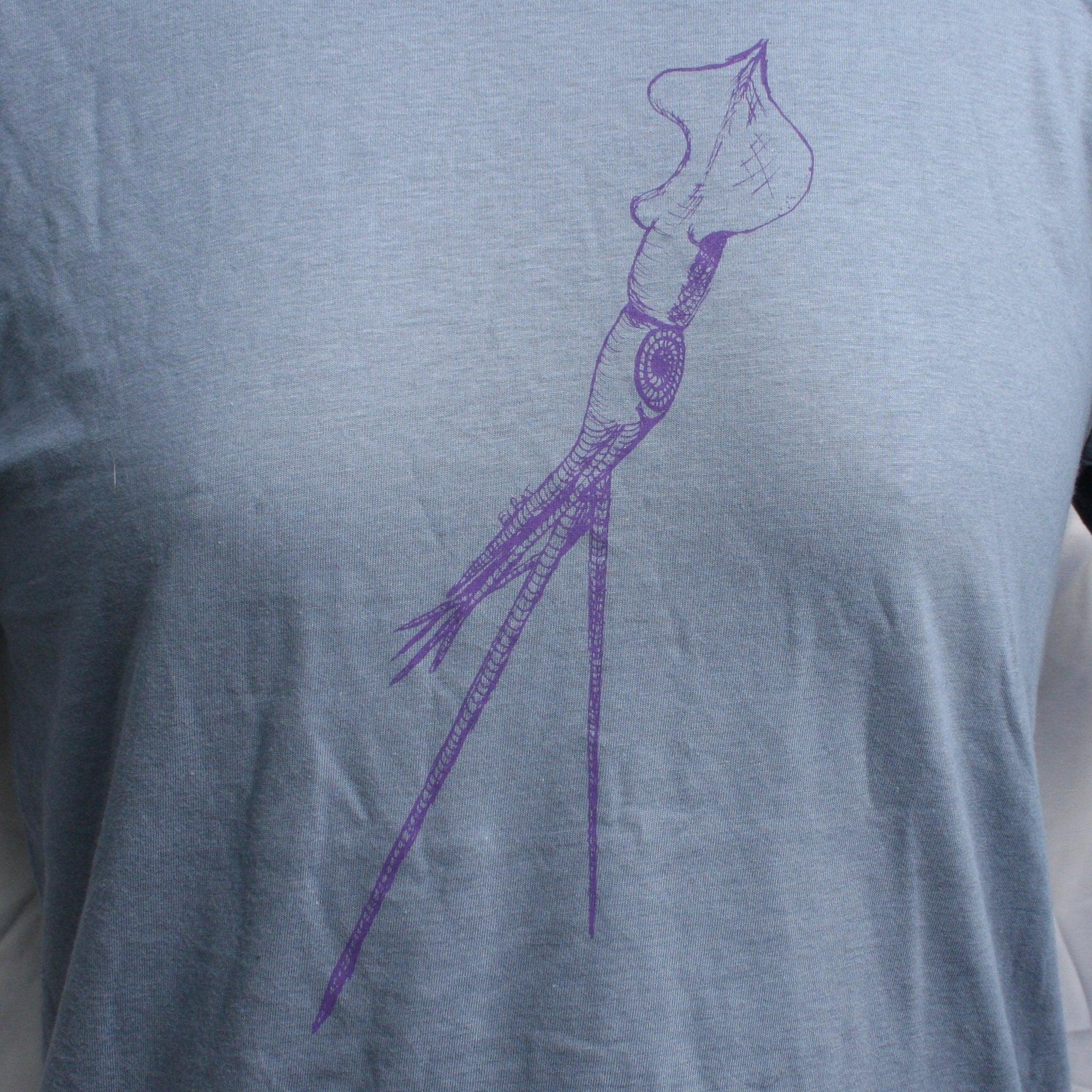 Indigo T-shirt featuring a hand-drawn whiplash squid design, with intricate tentacle details and artistic lines.