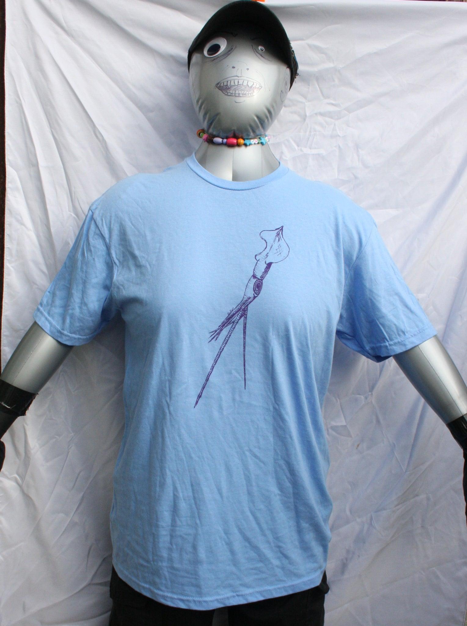 Caroline blue T-shirt featuring a hand-drawn whiplash squid design, with intricate tentacle details and artistic lines.