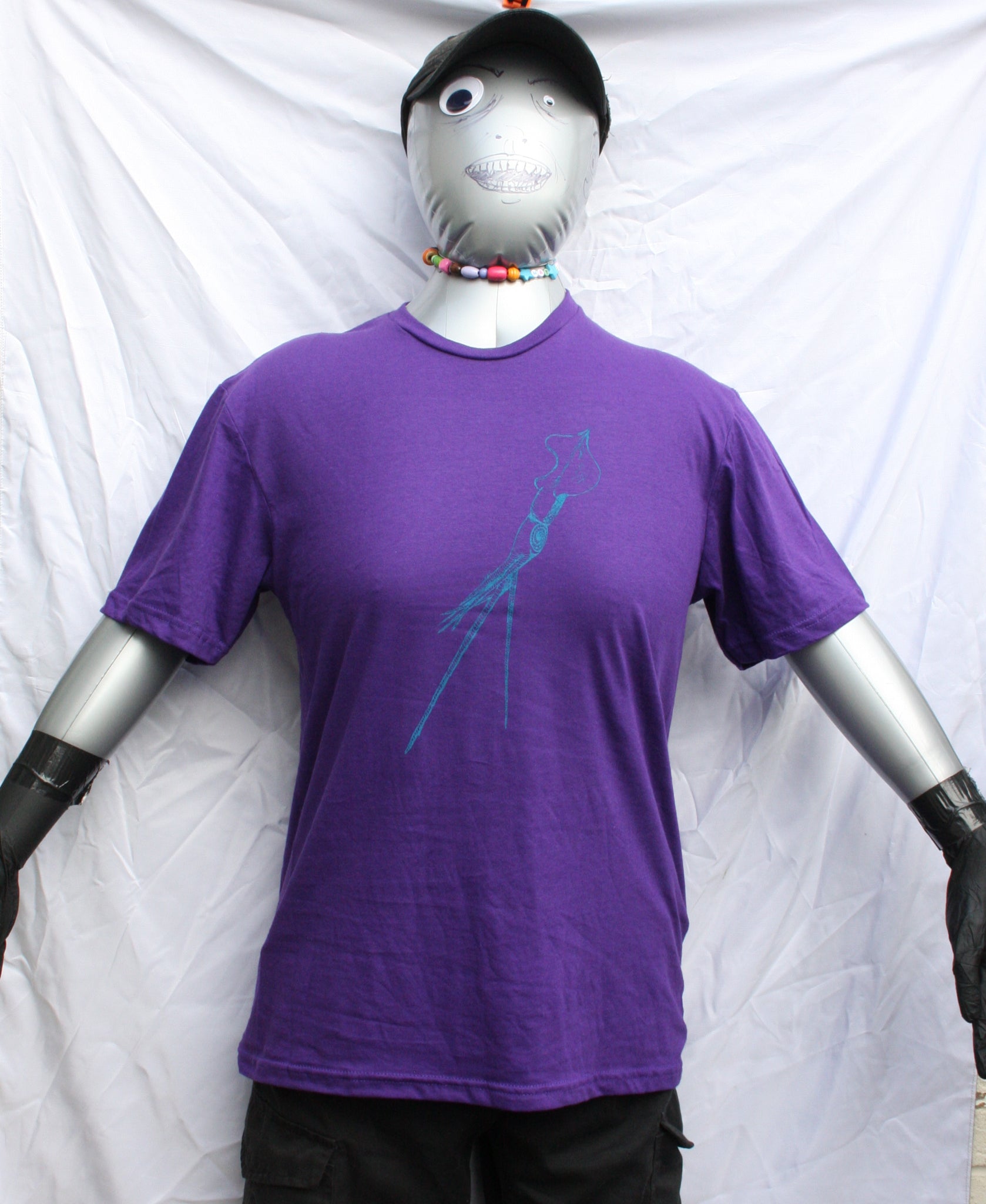 Purple T-shirt featuring a hand-drawn whiplash squid design, with intricate tentacle details and artistic lines.