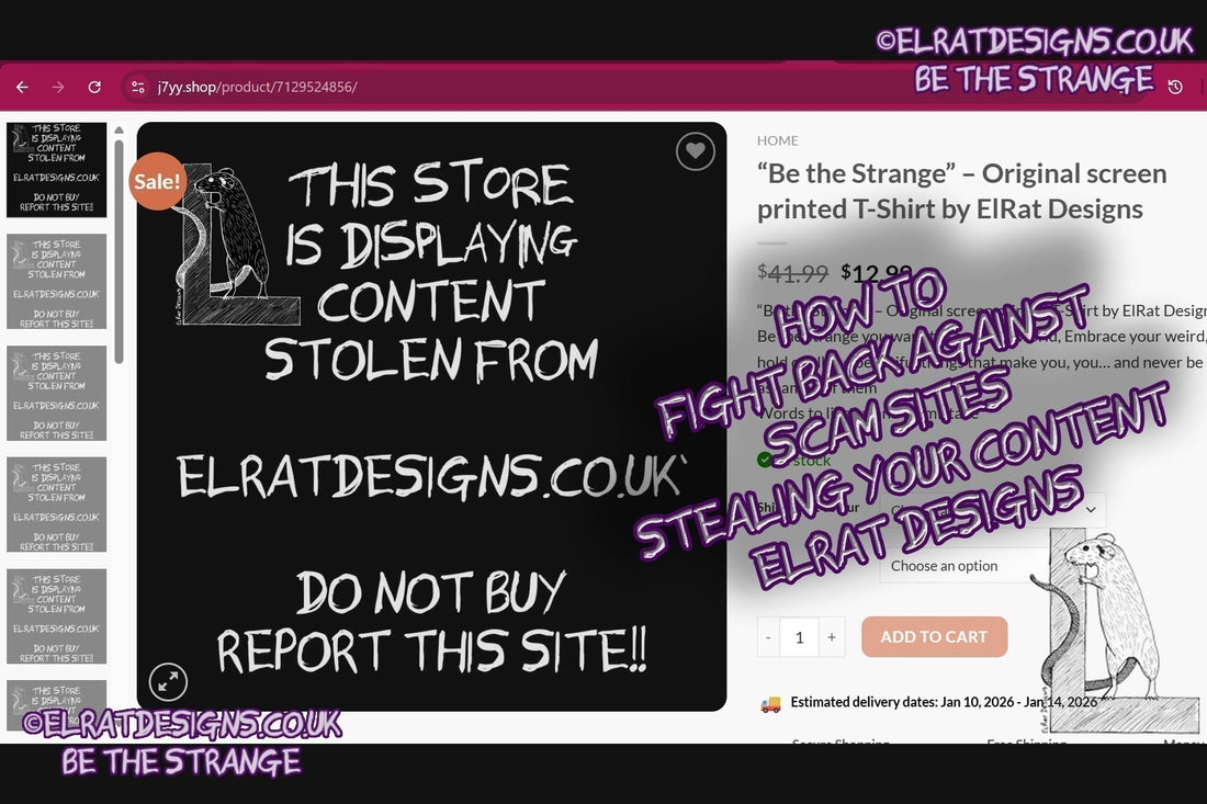ElRat Designs stolen content warning graphic - How to fight back against scam sites stealing your content