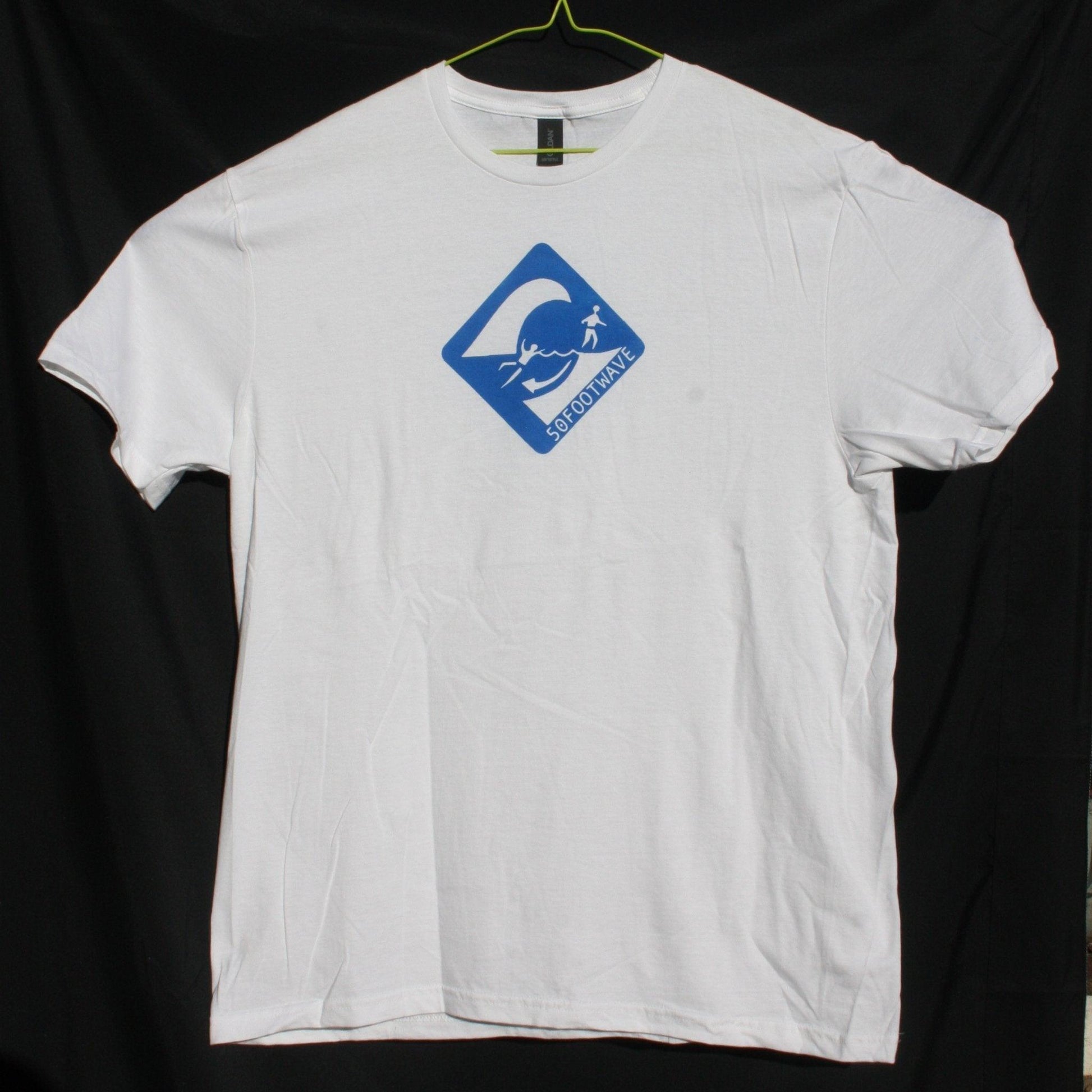 50 Foot Wave logo t-shirt, hand screen-printed in vibrant blue on awhite, 100% cotton Gildan Softstyle fabric, designed by ElRatDesigns