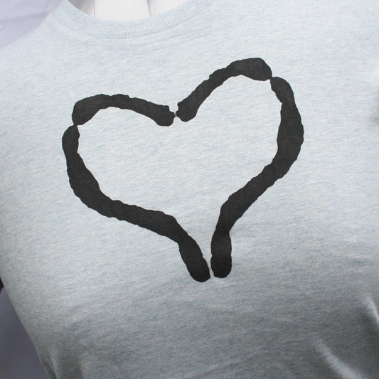 close up Blue/Grey t-shirt with a black heart design, by ElRat Designs. 