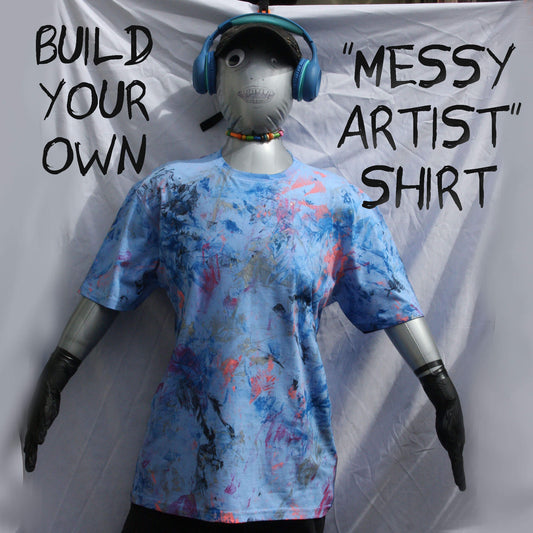 Mannequin wearing a colorful 'messy artist' shirt with text on a white background ElRat Designs