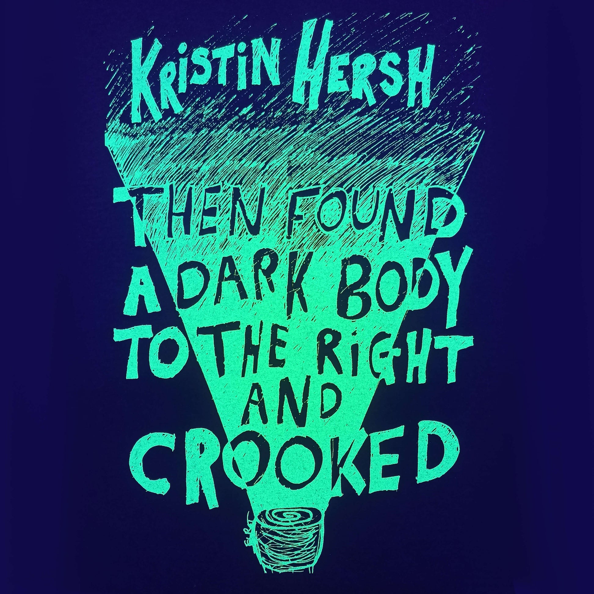 Kristin Hersh Crooked T-shirt, front purple fluorescent yellow, by ElRat Designs under UV light