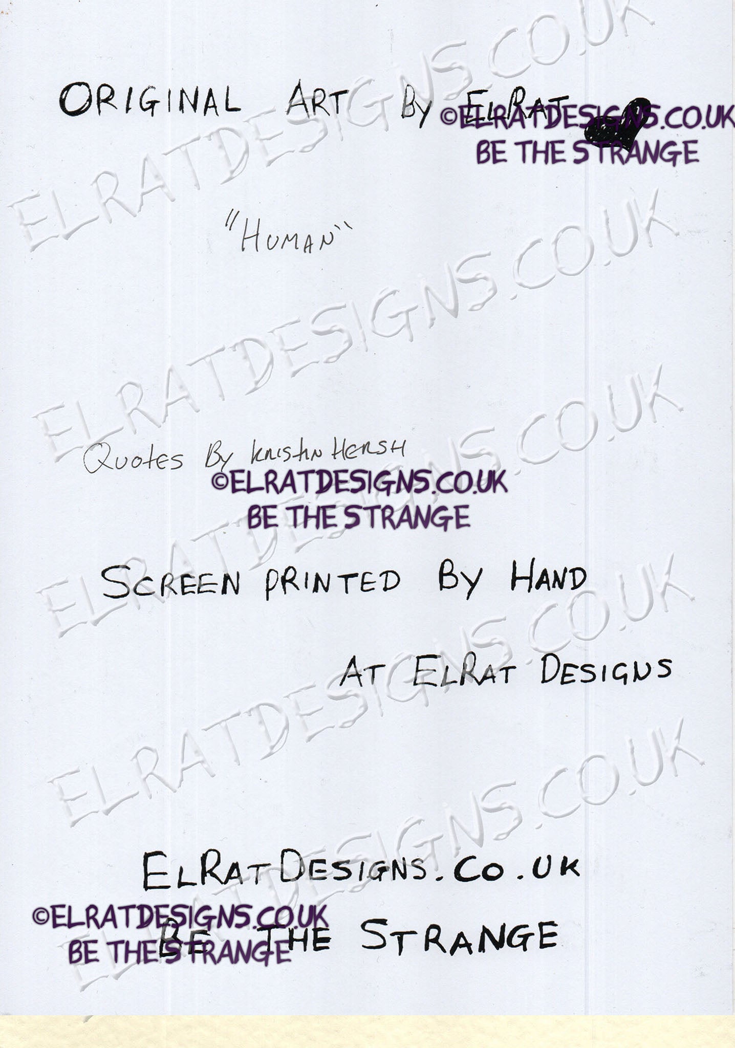 Hand drawn by ElRat, "Human" Original Art Print. Including Kristin Hersh Quotes. Only from ElRat Designs - hero - elratdesigns.co.uk