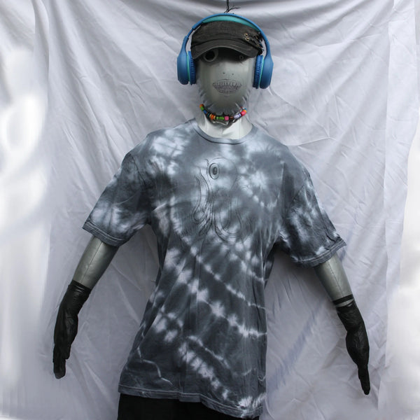Octoclops Hand-Drawn Cephalopod Tee - Large #1 Misprint - White/Black Tie-Dye | ElRat Designs