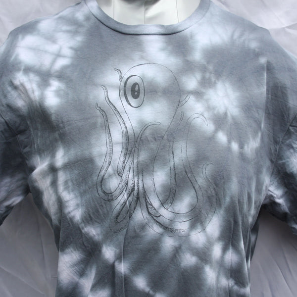 Octoclops Hand-Drawn Cephalopod Tee - Large #1 Misprint - White/Black Tie-Dye | ElRat Designs