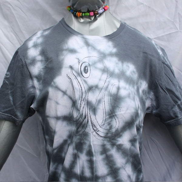 Octoclops Hand-Drawn Cephalopod Tee - Medium Misprint - White/Black Tie-Dye | ElRat Designs