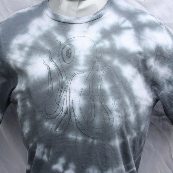 Octoclops Hand-Drawn Cephalopod Tee - Small #2 Misprint - White/Black Tie-Dye | ElRat Designs