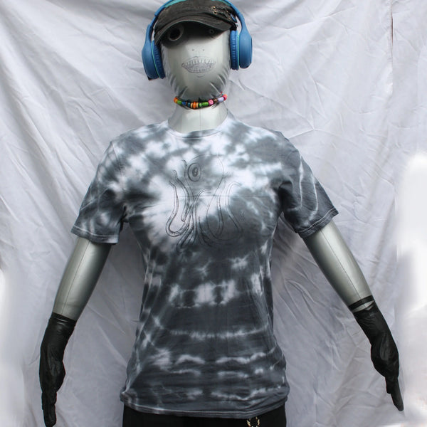 Octoclops Hand-Drawn Cephalopod Tee - Small #1 Misprint - White/Black Tie-Dye | ElRat Designs