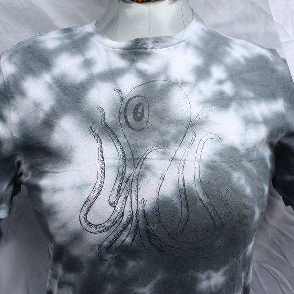 Octoclops Hand-Drawn Cephalopod Tee - Small #1 Misprint - White/Black Tie-Dye | ElRat Designs