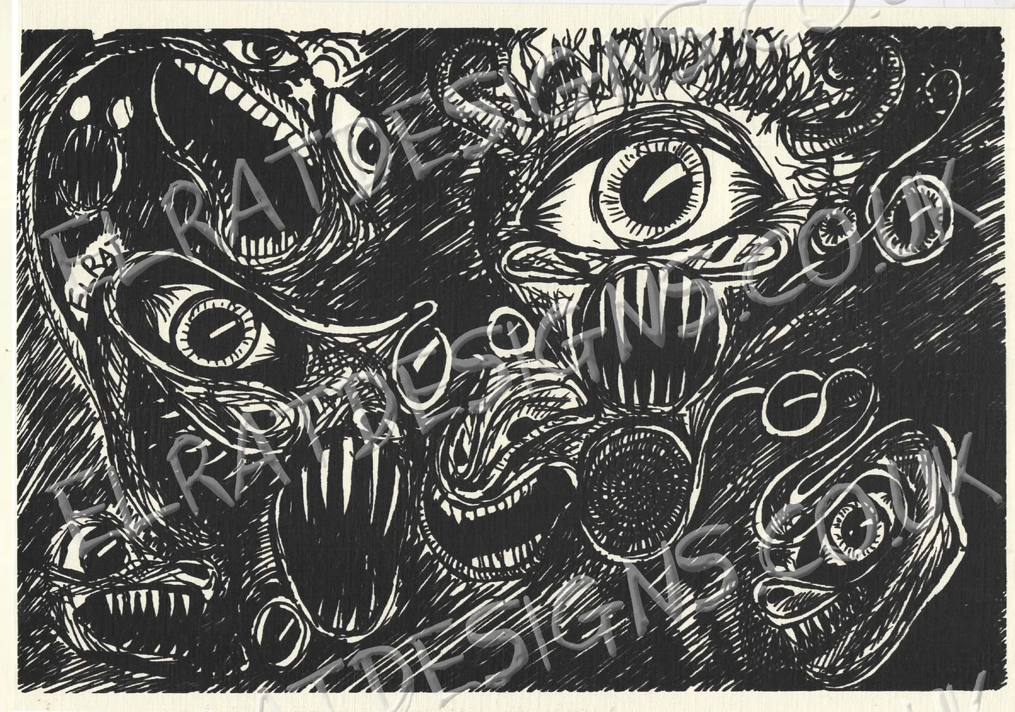 "Screeching Eyeballs" Original hand drawn art by ElRat, Screenprinted by hand using Eco Friendly Water based Archival ink. ElRat Designs (Ivory Linen finish)