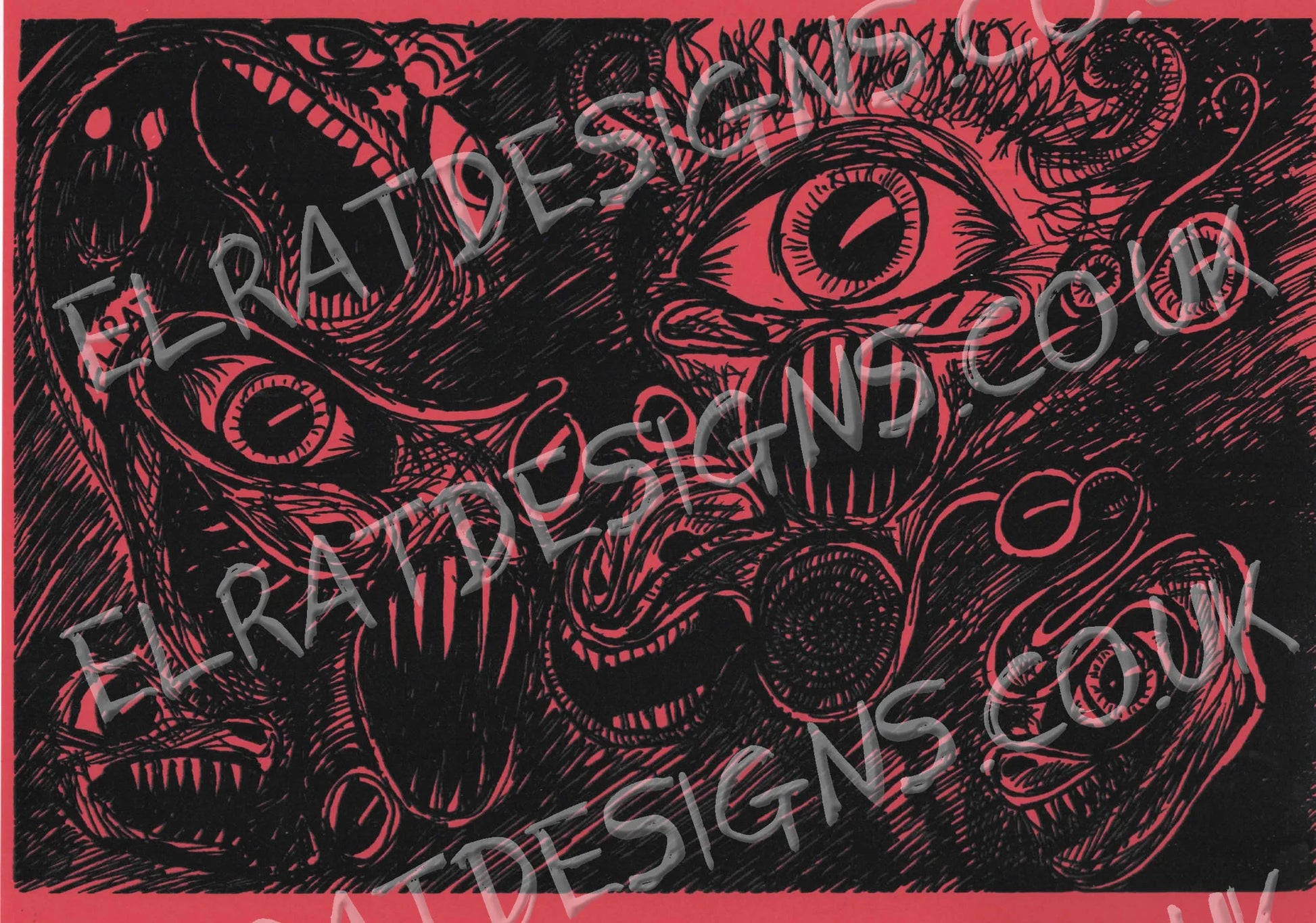 "Screeching Eyeballs" Original hand drawn art by ElRat, Screenprinted by hand using Eco Friendly Water based Archival ink. ElRat Designs (Red)