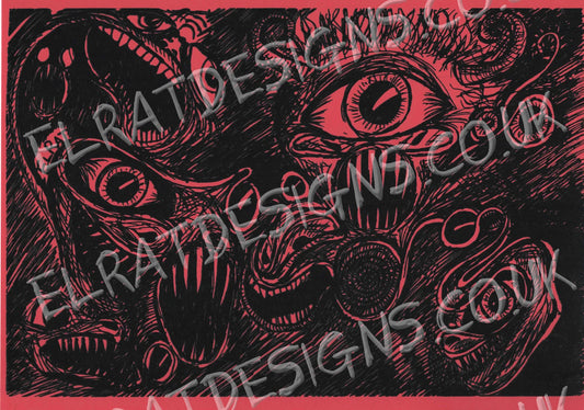 "Screeching Eyeballs" Original hand drawn art by ElRat, Screenprinted by hand using Eco Friendly Water based Archival ink. ElRat Designs (Red)