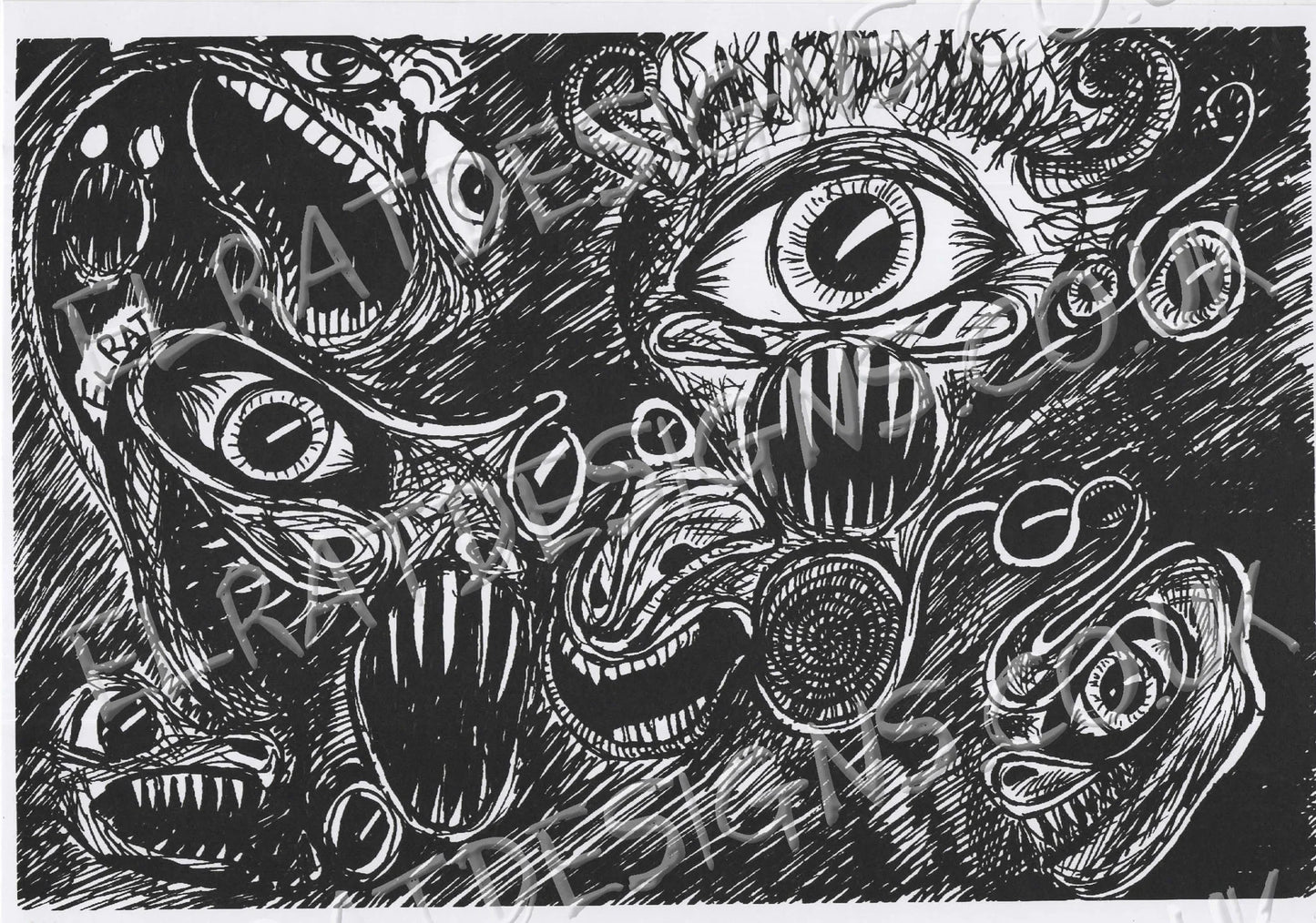 "Screeching Eyeballs" Original hand drawn art by ElRat, Screenprinted by hand using Eco Friendly Water based Archival ink. ElRat Designs (White)