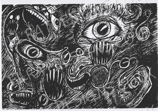 "Screeching Eyeballs" Original hand drawn art by ElRat, Screenprinted by hand using Eco Friendly Water based Archival ink. ElRat Designs (White)