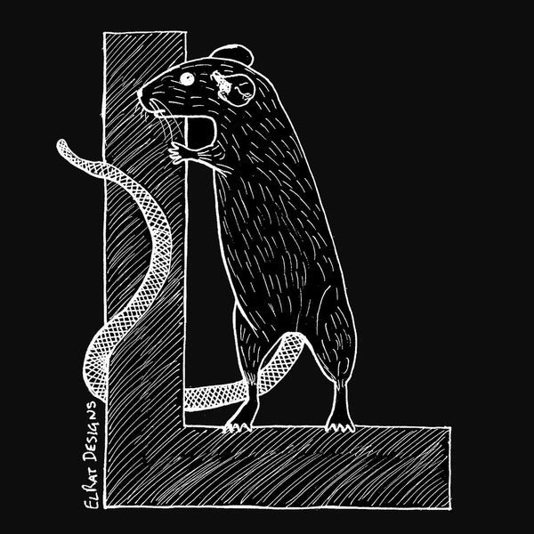 ElRat Designs logo - hand-drawn rat standing on capital letter L, by UK artist ElRat