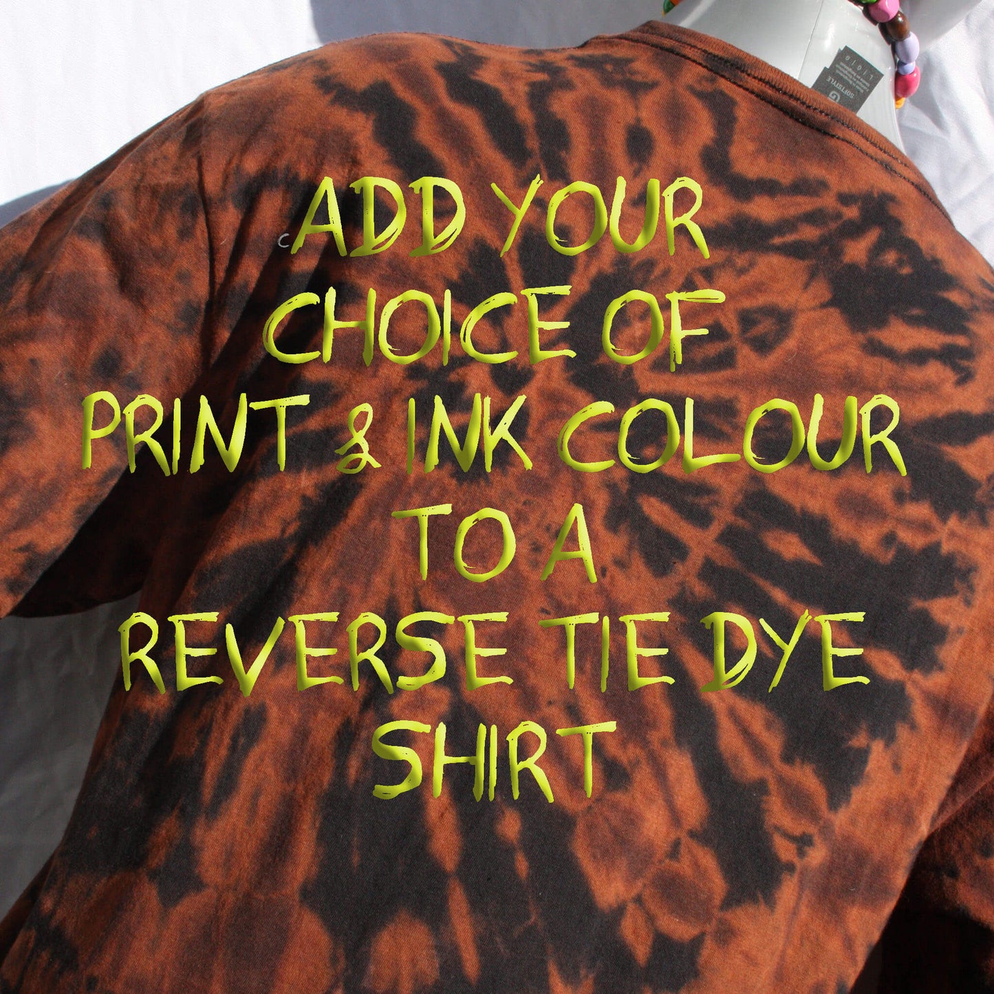 add your choice of print to a reverse tie dye shirt. one of a kind, fully customisable