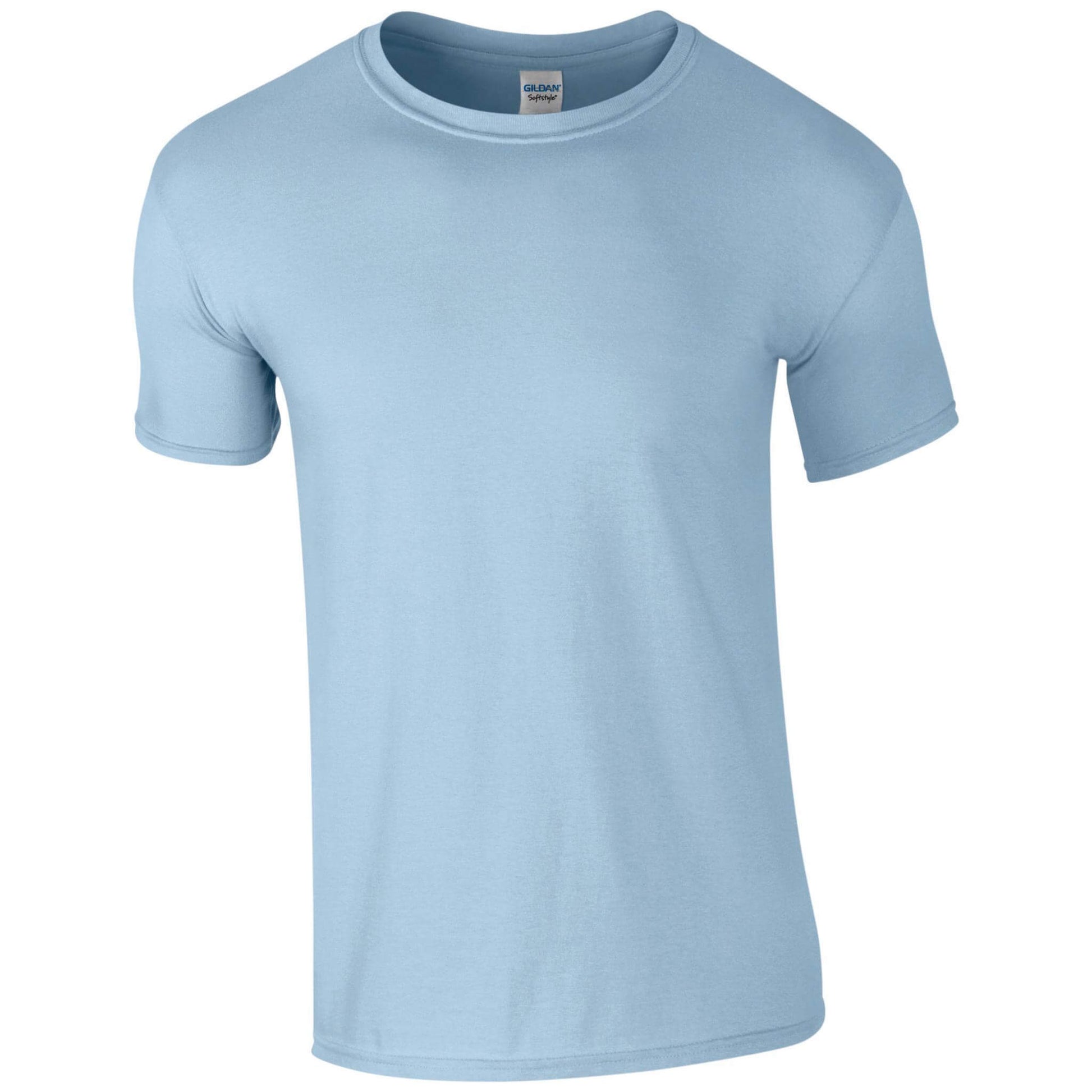Blank Gildan Softstyle light blue T-shirt, 100% cotton fabric, showcasing a classic, comfortable fit for custom prints or personal designs. (gd001_light blue_ft2)