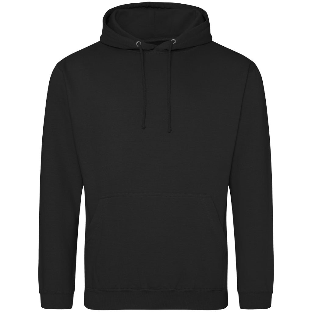 Front view of AWDis College hoodie, deep black, printed with the design of your choice. From ElRat Designs