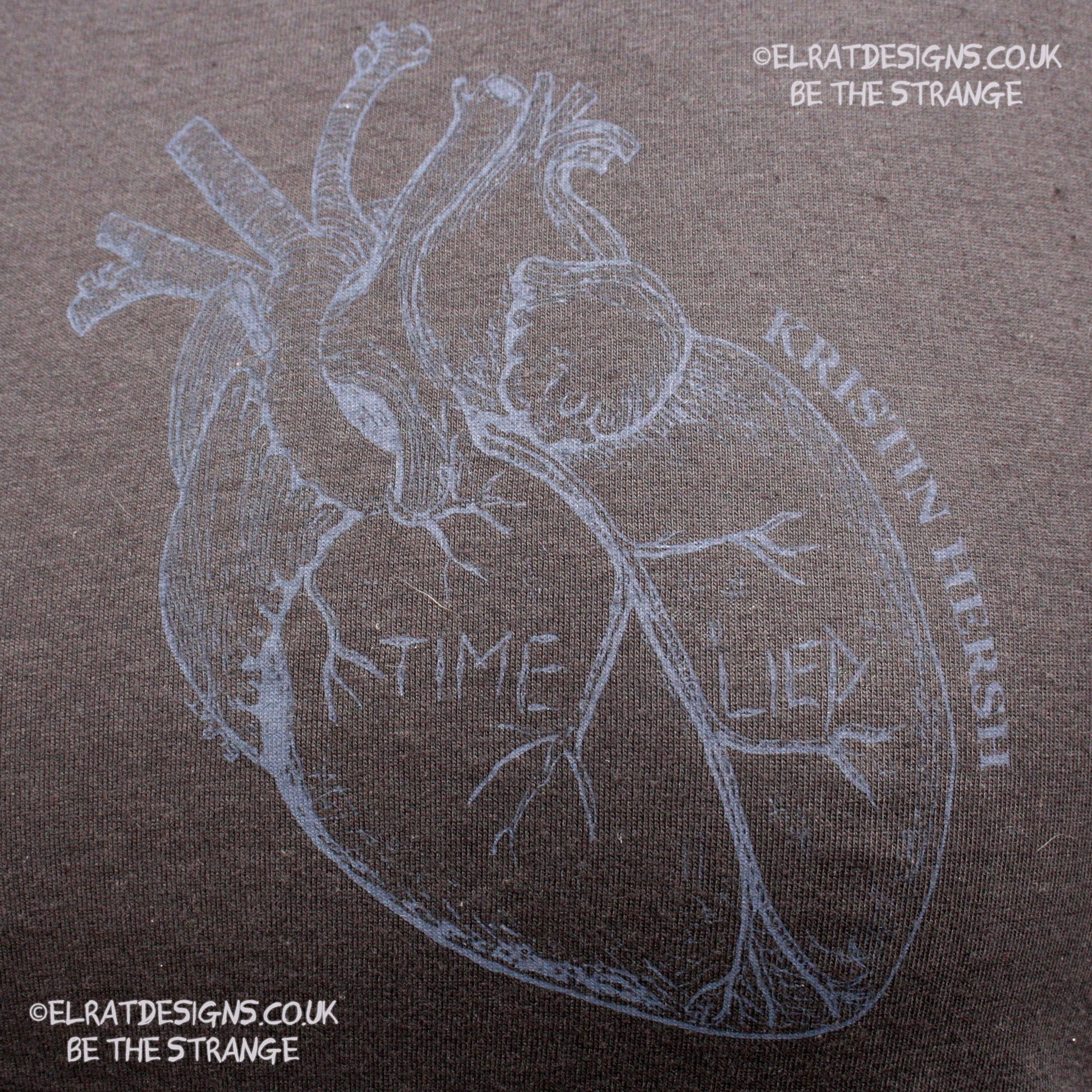 Kristin Hersh - Reflections on the Motive Power of Fire, "Time Lied" anatomical heart T-shirt, Black Heart Edition, by ElRat designs - elratdesigns.co.uk