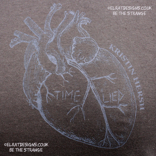 ElRat Kristin Hersh - Reflections on the Motive Power of Fire, "Time Lied" anatomical heart T-shirt, Black Heart Edition, by ElRat designs - elratdesigns.co.uk