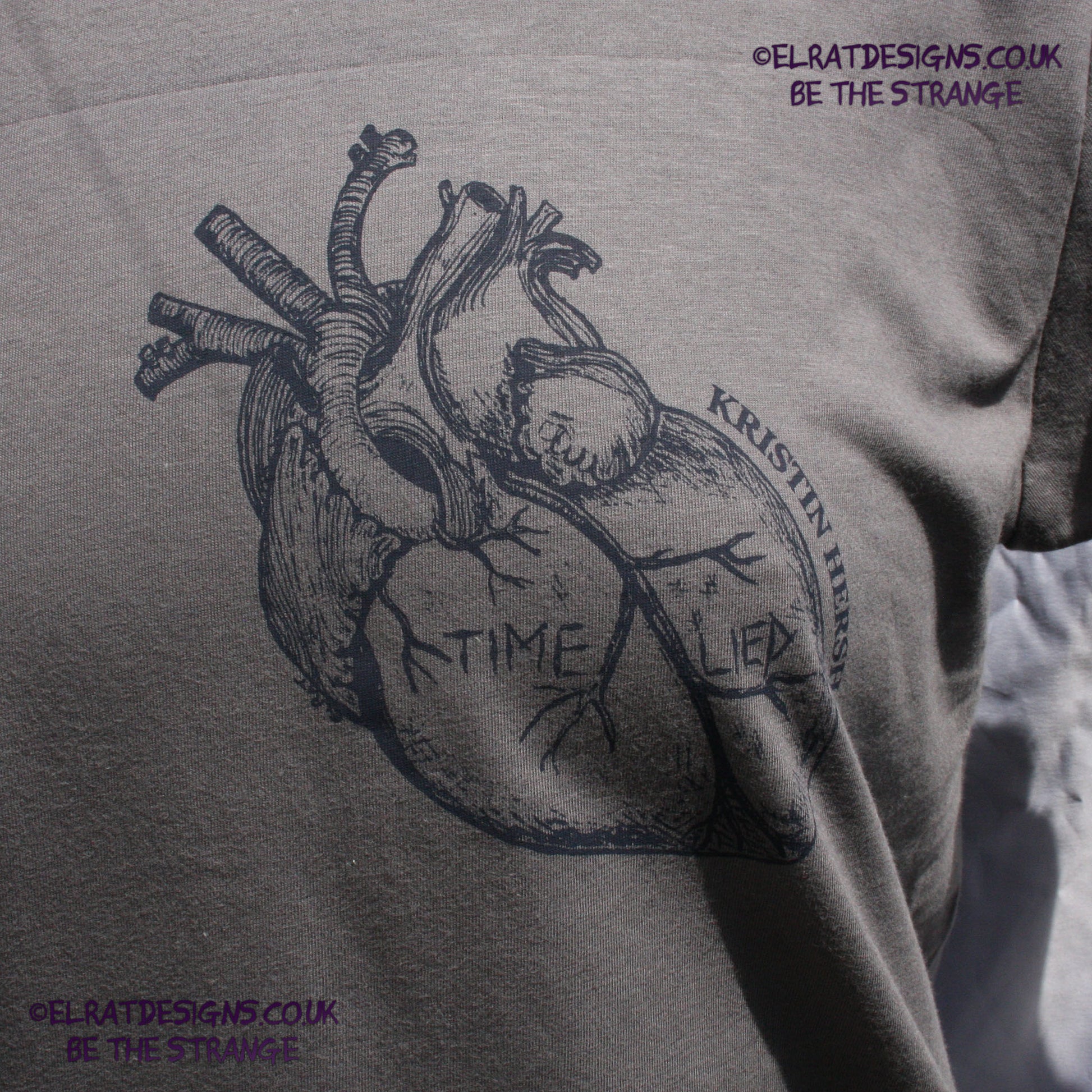 Kristin Hersh - Reflections on the Motive Power of Fire, "Time Lied" anatomical heart T-shirt, Black Heart Edition, by ElRat designs - elratdesigns.co.uk