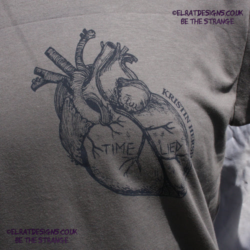 ElRat Kristin Hersh - Reflections on the Motive Power of Fire, "Time Lied" anatomical heart T-shirt, Black Heart Edition, by ElRat designs - elratdesigns.co.uk