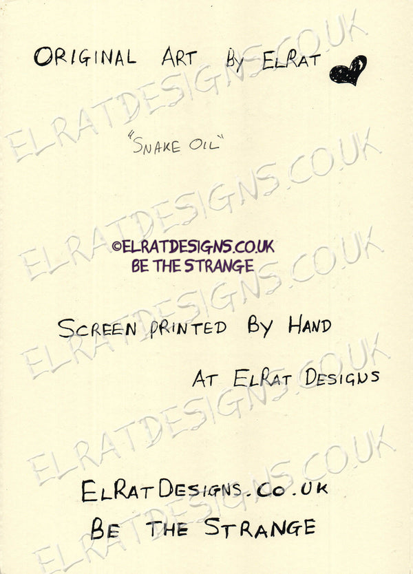 Hand drawn by ElRat, Kristin Hersh & Sons, Snake Oil Original Art Print. "For all your reptile oiling needs" Only from ElRat Designs - hero - elratdesigns.co.uk