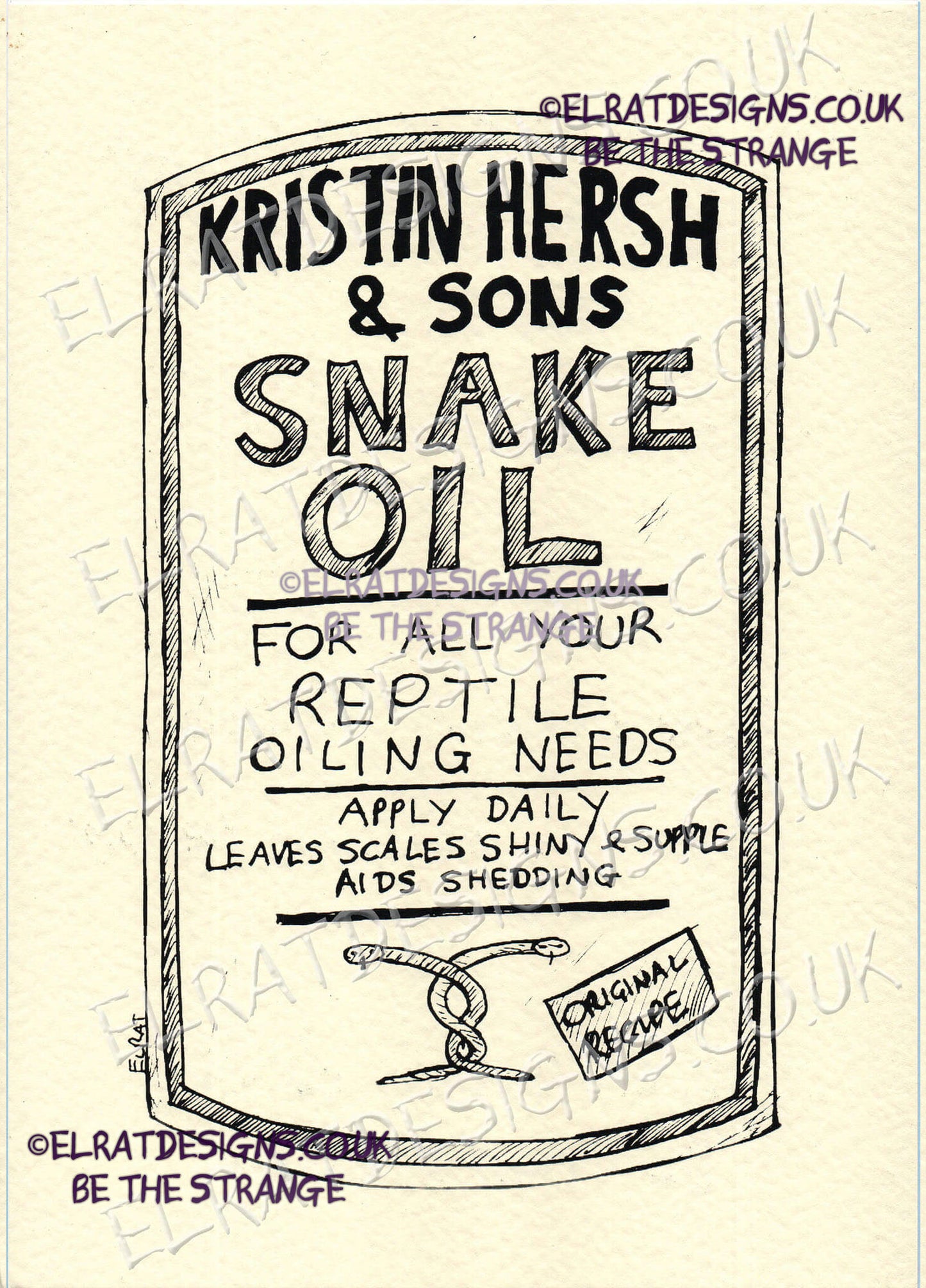Hand drawn by ElRat, Kristin Hersh & Sons, Snake Oil Original Art Print. "For all your reptile oiling needs" Only from ElRat Designs - hero - elratdesigns.co.uk