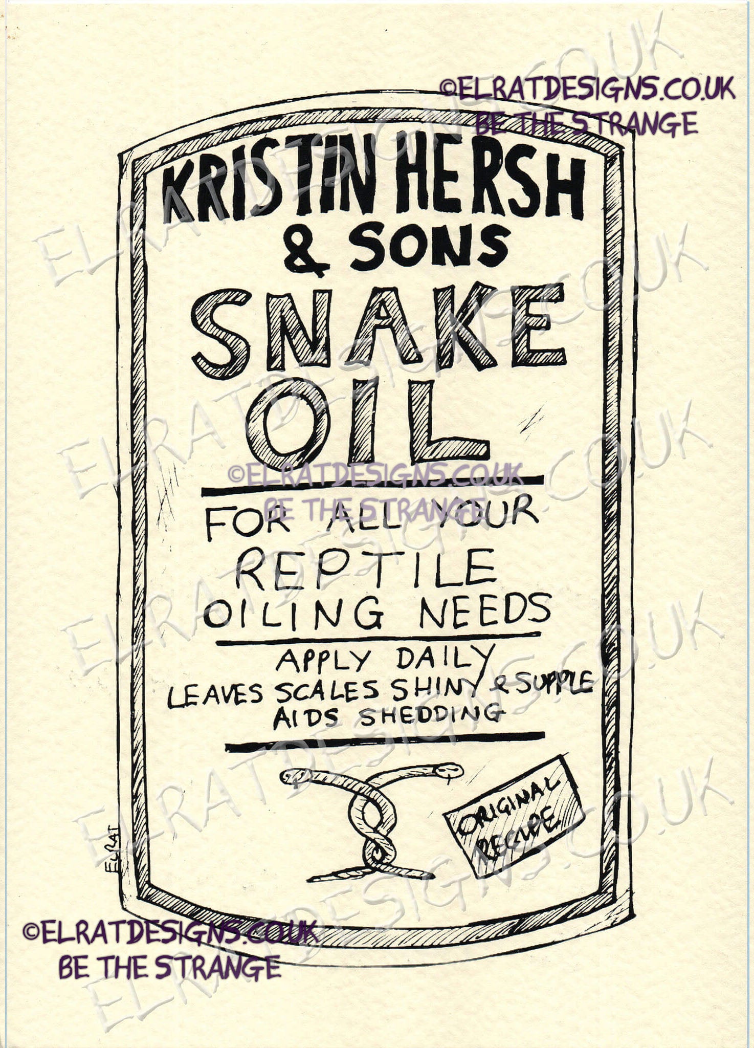 Hand drawn by ElRat, Kristin Hersh & Sons, Snake Oil Original Art Print. "For all your reptile oiling needs" Only from ElRat Designs - hero - elratdesigns.co.uk