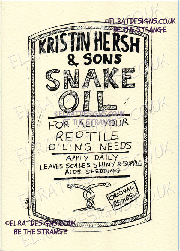 Hand drawn by ElRat, Kristin Hersh & Sons, Snake Oil Original Art Print. "For all your reptile oiling needs" Only from ElRat Designs - hero - elratdesigns.co.uk