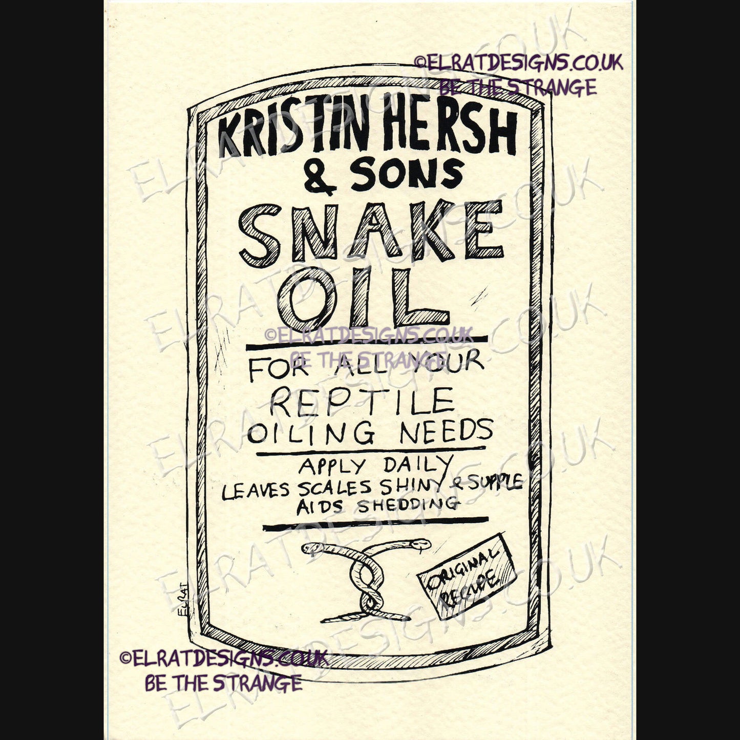 Hand drawn by ElRat, Kristin Hersh & Sons, Snake Oil Original Art Print. "For all your reptile oiling needs" Only from ElRat Designs - gallery-skip - elratdesigns.co.uk