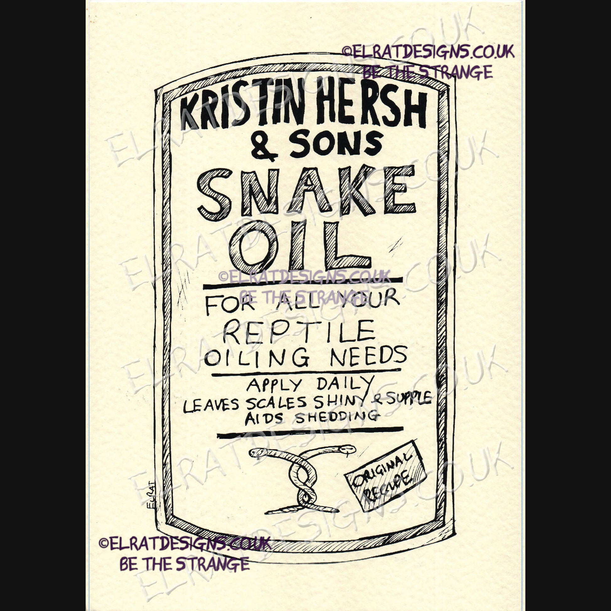 Hand drawn by ElRat, Kristin Hersh & Sons, Snake Oil Original Art Print. "For all your reptile oiling needs" Only from ElRat Designs - gallery-skip - elratdesigns.co.uk