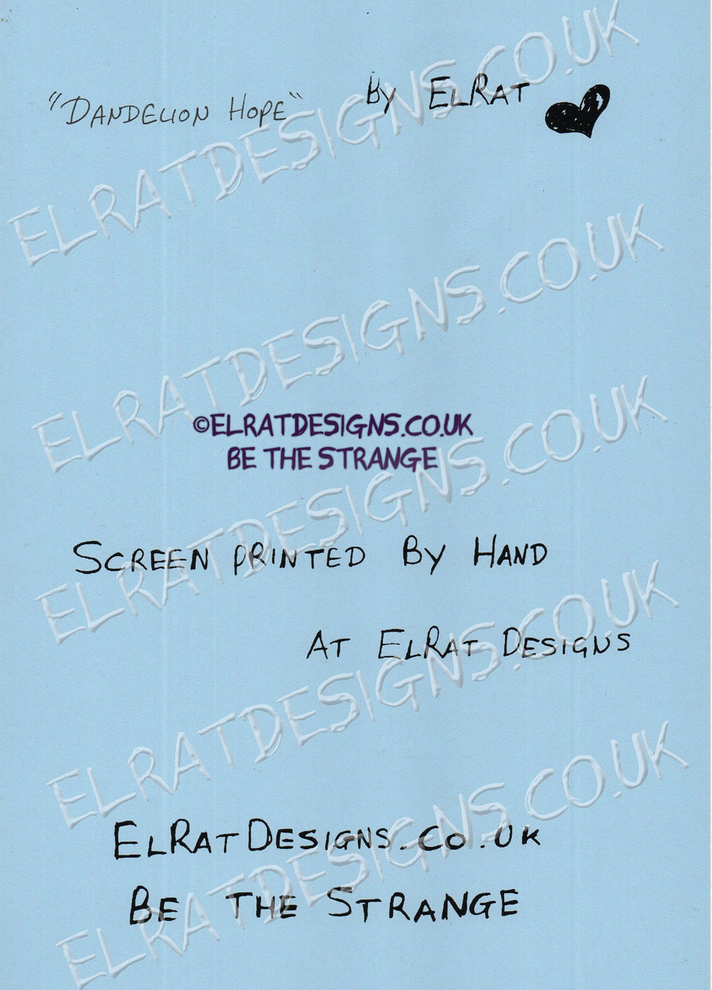 Hand drawn by ElRat, Kristin Hersh, Dandelion Hope Original Art Print. KH Logo in Blue, with Hand drawn human hanging on dandelion seed. Only from ElRat Designs - elratdesigns.co.uk