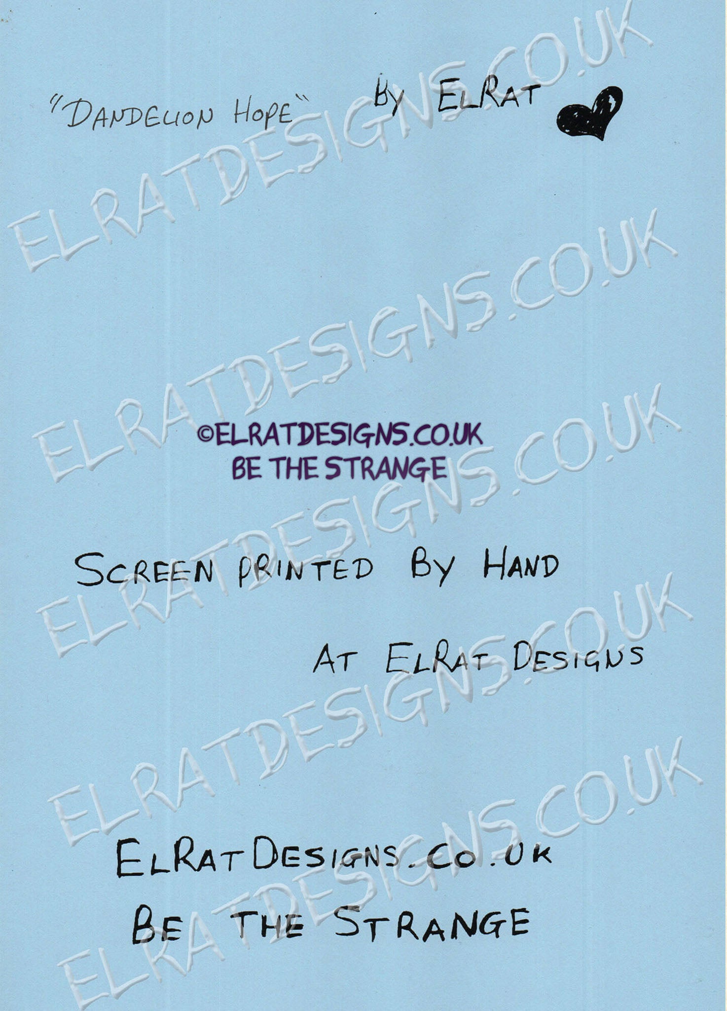 Hand drawn by ElRat, Kristin Hersh, Dandelion Hope Original Art Print. KH Logo in Blue, with Hand drawn human hanging on dandelion seed. Only from ElRat Designs - elratdesigns.co.uk