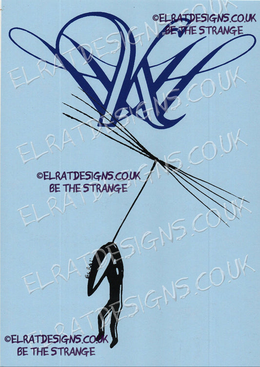 Hand drawn by ElRat, Kristin Hersh, Dandelion Hope Original Art Print. KH Logo in Blue, with Hand drawn human hanging on dandelion seed. Only from ElRat Designs - hero - elratdesigns.co.uk