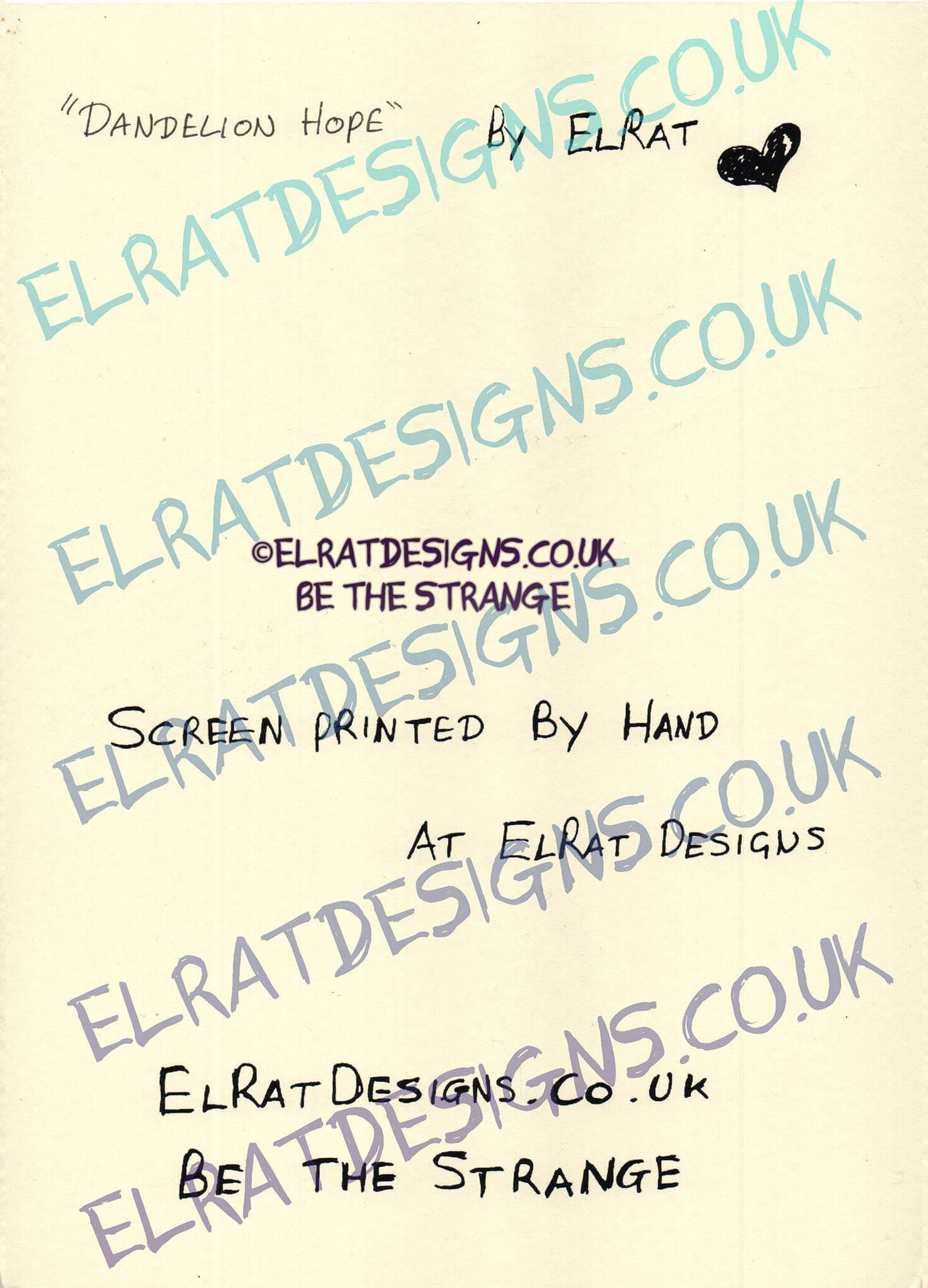 Hand drawn by ElRat, Kristin Hersh, Dandelion Hope Original Art Print. KH Logo in Blue, with Hand drawn human hanging on dandelion seed. Only from ElRat Designs - elratdesigns.co.uk